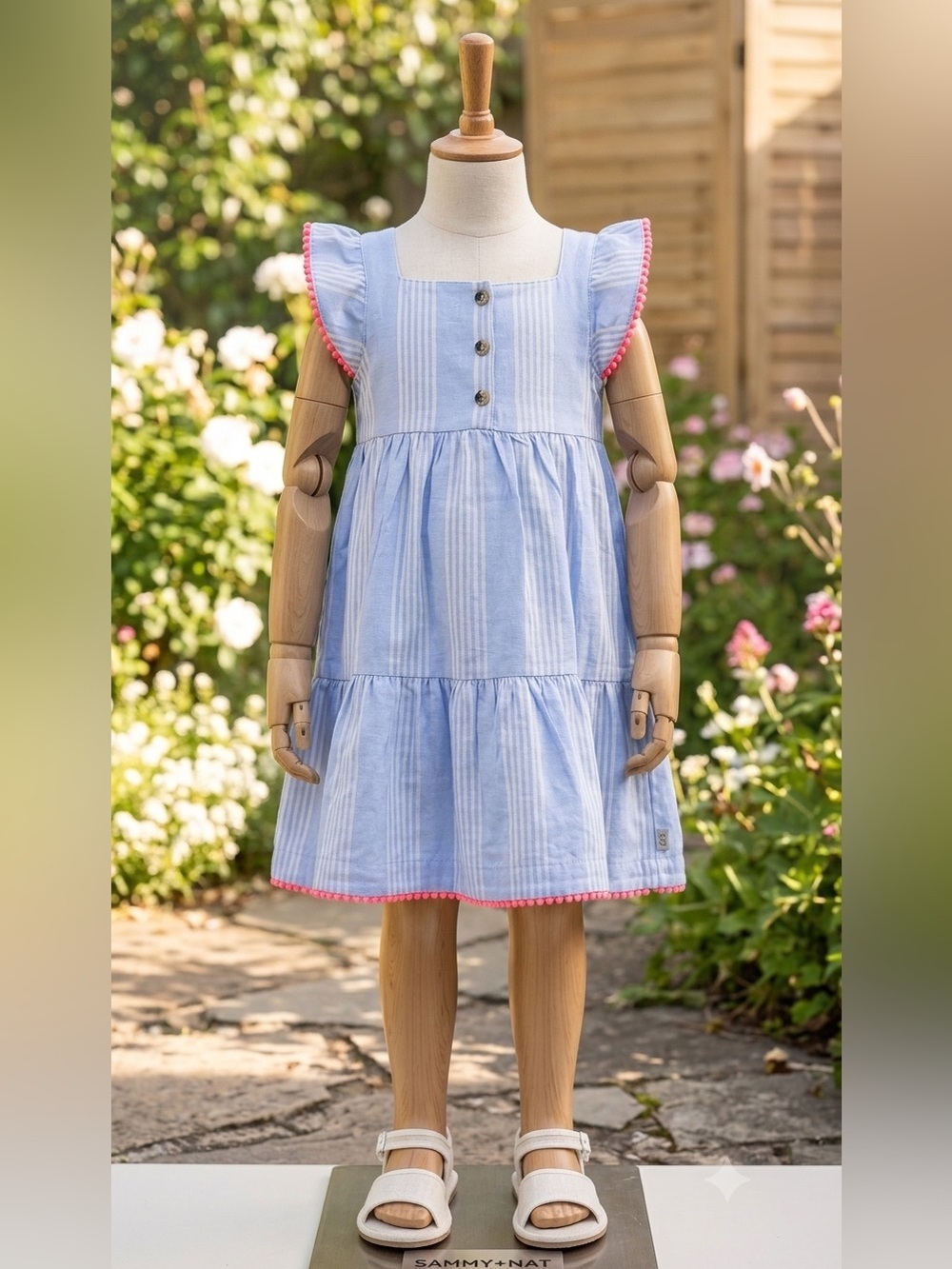 Sammy + Nat Light Blue and White Striped Dress with Coral Trim